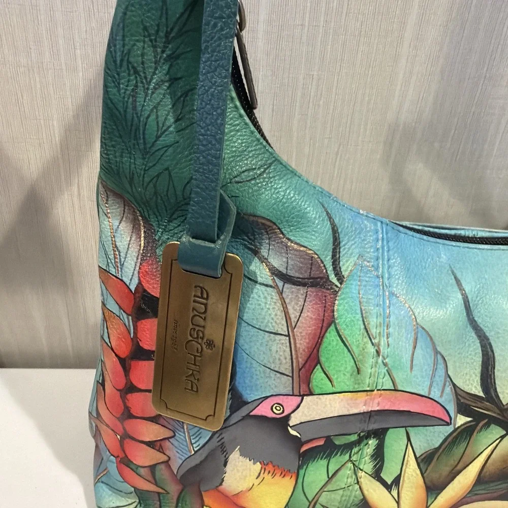 Anuschka Leather Hobo Tropical Bliss‎ Hand Painted Purse Brass Hardware Birds